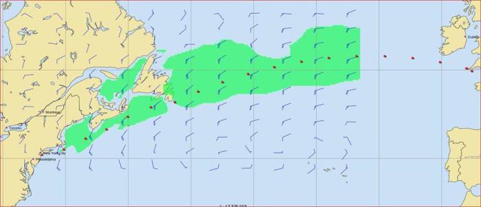 Mapa prognozy pogody – czerwone kropki oznaczają prawdopodobną pozycję jachtu co 12 godzin od startu do mety. Zielony obszar to rejon wiatru stałego o prędkości od 19 do 28 węzłów./ Rys. NavSi