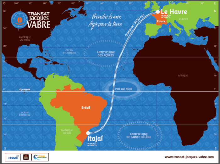 Mapa trasy dwudziestych regat TJV: z hawru do Itajai. / rys. Transat Jacques Vabre