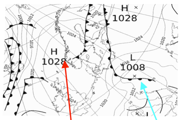 Zaznaczony wyż i niż. Prognoza dobra - silny, stały wiatr.