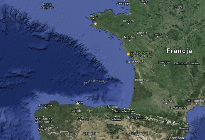 Trasa regat Transgascogne - z Francji do Hiszpanii przez Biskaje i z powrotem / GoogleMaps