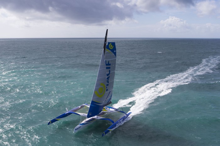 Aerial image bank of the Maxi Trimaran Ultim MACIF, skipper Francois Gabart, off Les Glenans, brittany, west France, on march 29, 2016 - Photo Jean Marie Liot / DPPI / MACIF