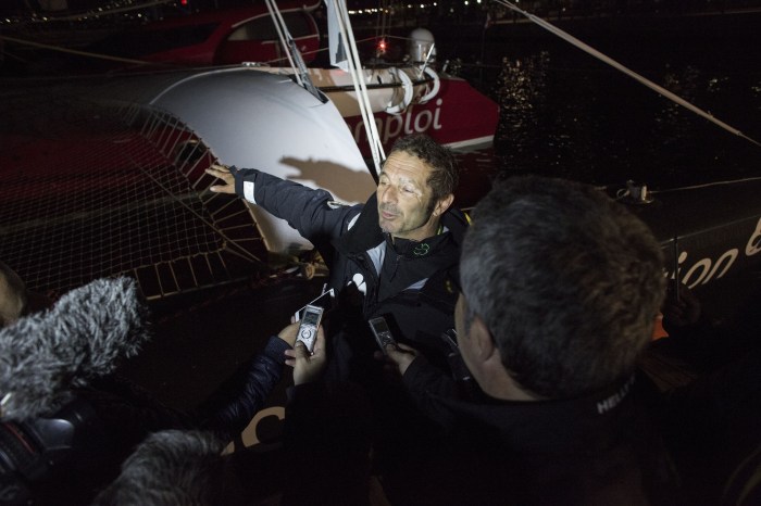 NEW YORK, NY - MAY 11: Yves Le Blevec onboard his Actual ‘Ultim’ trimaran, shown here celebrating after finishing 3rd in the solo transatlantic yacht race. The race started in Plymouth, UK on Monday May 3rd. May 11, 2016 on the Hudson River in New York City. (Photo by Lloyd Images)