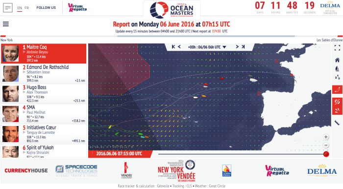 Sytuacja na oceanie w poniedziałek, 6.06, rano. / http://www.ny-vendee.com/en/race-tracker/