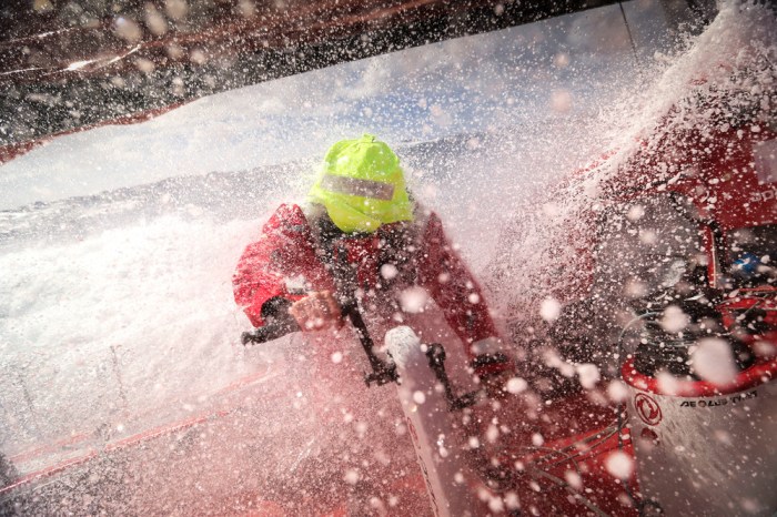 March 19, 2015. Leg 5 to Itajai onboard Dongfeng Race Team. Day 2. Charles Caudrelier grinding