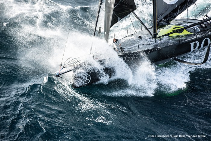 Sailing aerial images of the IMOCA boat Hugo Boss, skipper Alex Thomson (GBR), during training solo for the Vendee Globe 2016, off England, on September 16, 2016 - Photo Cleo Barnham / Hugo Boss / Vendée Globe Images aériennes de Hugo Boss, skipper Alex Thomson (GBR), lors d'une sortie d'entrainement en solo au large de l'Angleterre, le 16 Septembre 2016 - Photo Cleo Barnham / Hugo Boss / Vendée Globe
