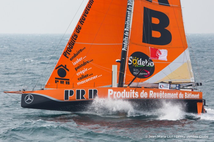 Sailing aerial images of the IMOCA boat PRB, skipper Vincent Riou (FRA), during training for the Vendee Globe 2016, off Belle Ile in South Brittany, on october 13, 2016 - Photo Jean-Marie Liot / DPPI