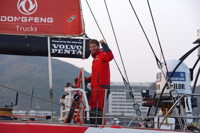 January 27, 2015. Dongfeng Race Team arrives to Sanya in first position, leader of Leg 3 after 23 days of sailing. Charles Caudrelier celebrates the victory.