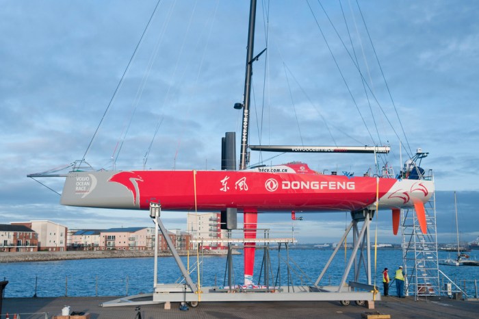 Team Dongfeng's new Volvo Ocean 65 is transported from Green Marine to Southampton docks for structural test.