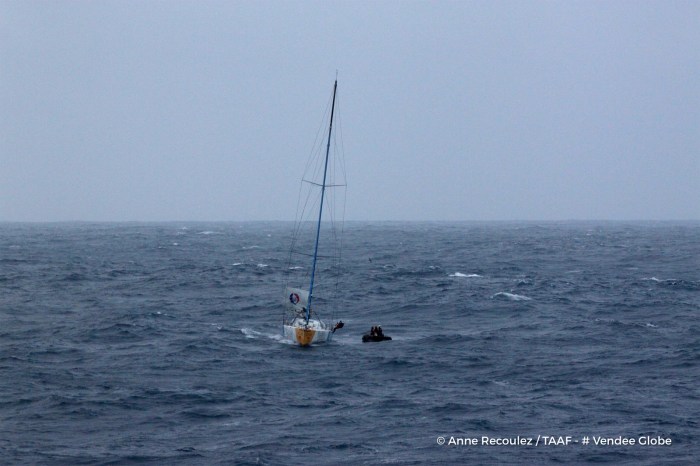 Kito de Pavant (FRA), skipper Bastide Otio, after hitting a UFO (Unknown Floating Object) or OFNI in the Indian Ocean, off Crozet Islands, is rescued by the Marion Dufresne II (TAAF supplying boat) on December 7th, 2016 - Photo Anne Recoulez / TAAF Kito de Pavant (FRA), skipper Bastide Otio, après avoir heurté un OFNI dans l'Océan Indien, près des Iles Crozet, est récupéré par le Marion Dufresne II après avoir du abandonner son bateau, le 7 Décembre 2016 - Photo Anne Recoulez / TAAF