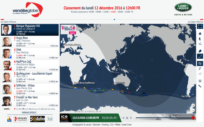 Sytuacja na poniedziałek, na godzinę 12.00. / http://tracking2016.vendeeglobe.org/gv5ip0/