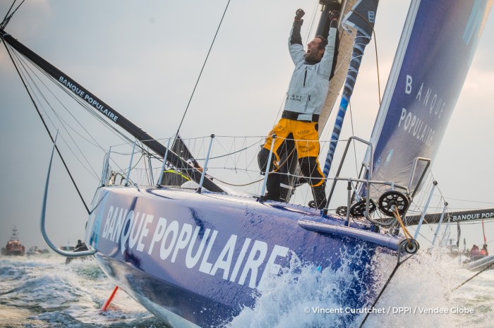 Finish arrival of Armel Le Cleac’h (FRA), skipper Banque Populaire VIII, winner of the sailing circumnavigation solo race Vendee Globe, in 74d 3h 35min 46sec, in Les Sables d'Olonne, France, on January 19th, 2017 - Photo Vincent Curutchet / DPPI / Vendee Globe Arrivée de Armel Le Cleac’h (FRA), skipper Banque Populaire VIII, vainqueur du Vendee Globe en 74j 3h 35min 46sec, aux Sables d'Olonne, France, le 19 Janvier 2017 - Photo Vincent Curutchet / DPPI / Vendee Globe