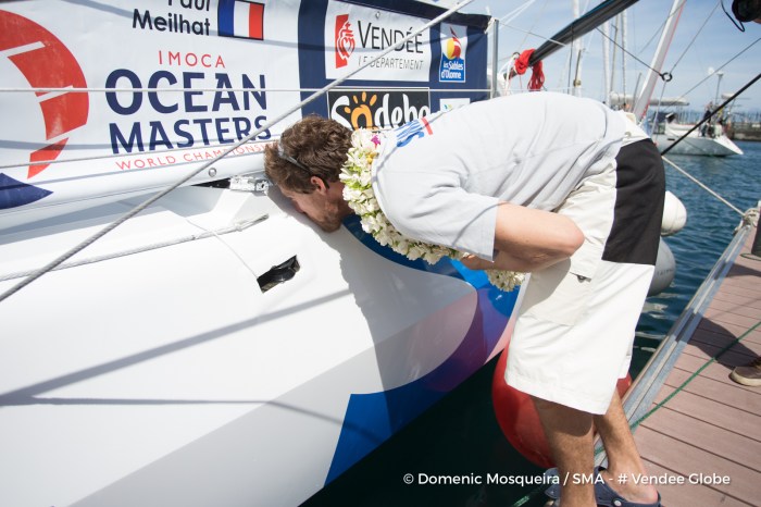 Paul Meilhat (FRA), skipper SMA, arriving in Tahiti, French territories, to repair his boat, after his keel had a problem and obliged him to retire from the Vendee Globe, solo circumnavigation sailing race, on December 29th, 2016 - Photo Domenic Mosqueira / SMA