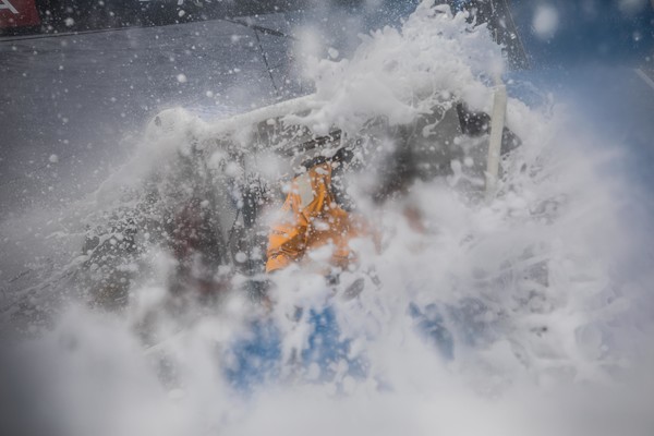 Leg 4, Melbourne to Hong Kong, Day 13 onboard Turn the Tide on Plastic. Walls of water hit the deck as we storm west making progress to Hong Kong. Photo by Brian Carlin/Volvo Ocean Race. 14 January, 2018.