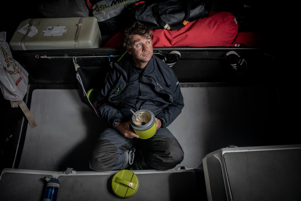 Leg 10, from Cardiff to Gothenburg, day 2 on board Sun Hung Kai/Scallywag. David Witt having his dinner. 11 June, 2018.